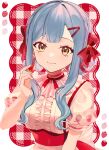  1girl apron arm_at_side back_bow bang_dream! bang_dream!_it&#039;s_mygo!!!!! blue_hair bow breasts buttons ccc_cloudy center_frills closed_mouth commentary_request curly_sidelocks dirndl double_bun food food-themed_hair_ornament food_print frills fruit fruit_print german_clothes hair_bow hair_bun hair_ornament hand_up highres holding holding_food holding_fruit long_sidelocks looking_at_viewer medium_breasts neck_ribbon official_alternate_costume official_alternate_hairstyle plaid_background puffy_short_sleeves puffy_sleeves red_background red_bow red_ribbon ribbon short_sleeves sidelocks smile solo strawberry strawberry_hair_ornament strawberry_print suspenders sweets_paradise swept_bangs togawa_sakiko underbust upper_body waist_apron wavy_sidelocks white_apron yellow_eyes 