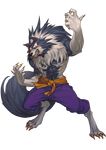 abs claws clenched_teeth fangs full_body fur gallon glowing glowing_eyes highres male_focus pants penett purple_pants ribbon solo standing tail teeth transparent_background vampire_(game) werewolf yellow_ribbon 