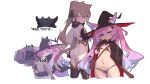  1boy 1girl absurdres animal_ears ass bag bare_shoulders bibiko_(shippitsu) bikini black_gloves black_thighhighs black_thong blue_eyes blush bow breasts brown_eyes brown_hair coat english_text facing_viewer fang finger_to_mouth fox_ears fox_girl gloves gradient_hair hair_bow hair_ornament hairclip half-closed_eye hat high_ponytail highres holding holding_knife holding_weapon indie_virtual_youtuber knife leotard long_hair looking_at_viewer looking_back multicolored_hair navel open_clothes open_coat open_mouth otoko_no_ko pink_hair ponytail shippitsu sidelocks simple_background standing stomach swimsuit teletha_(vtuber) thighhighs weapon white_background witch_hat 