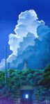  1girl absurdres aki_(aki_k6) bare_arms black_hair blue_sky breasts bush cloud commentary_request cumulonimbus_cloud dress faceless faceless_female from_side hat highres hill holding holding_unworn_clothes holding_unworn_hat long_hair medium_breasts original power_lines scenery sign signature sky sleeveless sleeveless_dress solo standing straight_hair straw_hat sundress tree tunnel unworn_hat unworn_headwear utility_pole variant_set very_wide_shot white_dress 