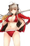  absurdres amagi_brilliant_park antenna_hair bikini bow breasts brown_eyes brown_hair cleavage from_below gun hair_bow hand_on_hip highres jacket_on_shoulders large_breasts long_hair looking_at_viewer nakajima_yuka navel o-ring o-ring_bikini over_shoulder ponytail red_bikini rifle scan sento_isuzu simple_background solo swimsuit weapon weapon_over_shoulder white_background 