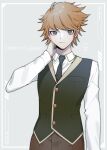  1girl arm_behind_head brown_eyes brown_hair brown_pants closed_mouth crossdressing danganronpa:_trigger_happy_havoc danganronpa_(series) fujisaki_chihiro genderswap genderswap_(mtf) green_necktie green_vest highres ling_yun_(amadare0803) looking_at_viewer necktie pants reverse_trap shirt short_hair venus_symbol vest white_shirt 