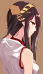  aosaki_yukina black_hair brown_background brown_eyes haruna_(kantai_collection) headgear kantai_collection long_hair looking_at_viewer nape nontraditional_miko parted_lips simple_background sleeveless solo 