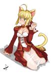  animal_ears bad_deviantart_id bad_id blonde_hair breasts cat_ears cat_tail cleavage dress epaulettes fate/extra fate_(series) green_eyes kemonomimi_mode medium_breasts nero_claudius_(fate) nero_claudius_(fate)_(all) paw_pose short_hair sidelocks sitting solo tail whistle_frog yokozuwari 