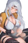  1boy 1girl belt black_gloves black_thighhighs blue_jacket blush breasts clenched_teeth commentary fingerless_gloves gloves grabbing_own_breast grey_belt grey_hair hair_ornament hairclip high-waist_shorts jacket lap_pillow large_breasts long_hair mole mole_on_chest shorts simple_background single_thighhigh sweatdrop teeth thighhighs twitter_username white_background wise_(zenless_zone_zero) yellow_eyes yellow_jacket yi_xuan_(zenless_zone_zero) yin_yang_pin zenless_zone_zero zinkaa 