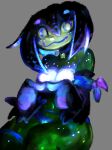 absurd_res amphibian armwear black_armwear black_clothing black_hair blue_eyes blue_fingers blue_lips bracketsxxx breasts clothing female fingers_together frog glowing glowing_belly_button glowing_breasts glowing_spots green_body hair hi_res humanoid jewelry lips looking_at_viewer necklace pseudo_hair sitting solo spots wraps