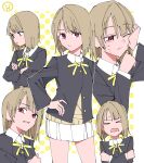  &gt;_&lt; 1girl annoyed black_jacket bob_cut border brown_hair collared_shirt commentary crossed_arms crying crying_with_eyes_open hand_on_own_hip haruruhaharur highres jacket long_sleeves looking_at_viewer love_live! love_live!_nijigasaki_high_school_idol_club multiple_views nakasu_kasumi neck_ribbon nijigasaki_school_uniform outside_border polka_dot polka_dot_background red_eyes ribbon school_uniform shirt short_hair skirt sweater symbol-only_commentary tears white_border white_shirt white_skirt wiping_tears yellow_ribbon yellow_sweater 