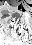  alternate_hairstyle antenna_hair bed bedroom blazblue blazblue_remix_heart blush breasts closed_eyes crescent genderswap genderswap_(mtf) greyscale hair_down hairband hairdressing hand_in_another's_hair hand_in_hair kajun_faycott large_breasts long_hair looking_at_another lying mai_natsume monochrome multiple_girls nightgown on_back open_mouth pillow selenoring shiori_kirihito sitting sleepover smile two_side_up very_long_hair 