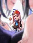  3girls absurdres blue_fire blue_hair blurry blurry_foreground breasts candy commentary elizabeth_rose_bloodflame elizabeth_rose_bloodflame_(1st_costume) english_commentary fire fire_on_chest food hair_between_eyes highres holding holding_candy holding_food holding_lollipop hololive hololive_english large_breasts lollipop long_hair massiveyog multiple_girls nerissa_ravencroft open_mouth propeller propeller_hat red_eyes red_hair shiori_novella swirl_lollipop teeth virtual_youtuber white_background yuri 