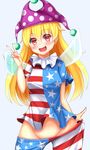  american_flag_dress american_flag_legwear blonde_hair blue_background blush clownpiece fairy_wings hat head_tilt highres jester_cap long_hair looking_at_viewer no_panties open_mouth pantyhose pantyhose_pull red_eyes short_sleeves simple_background smile solo star striped tokoya_(ex-hetare) touhou v wings 
