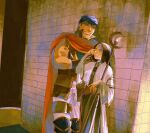  2boys alt_text black_hair blue_hair cape capelet closed_eyes commentary english_commentary facial_mark fire_emblem fire_emblem:_radiant_dawn forehead_mark highres ike_(fire_emblem) long_hair male_focus multiple_boys short_hair smile soren_(fire_emblem) soren_(radiant_confidant)_(fire_emblem) staff stone_wall taxkha 