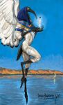 absurd_res anthro armband avian bird birdrandomart boat butt clothed clothing deity digitigrade egyptian egyptian_clothing egyptian_god egyptian_headdress egyptian_mythology hi_res holding_feather ibis male middle_eastern_mythology muscular muscular_arms mythology pelecaniform scuted_arms scuted_legs scutes side_view signature solo thoth threskiornithid vehicle water watercraft wings