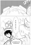 absurd_res anthro bald bed bovid caprine clothing duo enel_shocked_face female footwear furniture gloves handwear hi_res high_heels hospital_bed hospitalized human male male/female mammal marcos_(starfish_nebula) mask medical_instrument onna_(starfish_nebula) open_mouth oxygen_mask scared scientific_instrument screaming sheep shoes sleeping speech_bubble starfish_nebula surgical_scar text waking_up