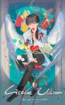  1boy absurdres blood blood_on_face blood_on_neck book candy character_doll confetti crossed_legs demon_horns different_shadow dokkaebi doll doorway drop_shadow english_text fake_blood feathered_wings film_reel food full_body grin halo hand_on_own_leg highres holding holding_candy holding_food holding_lollipop horns lantercat leukocoria lollipop male_focus omniscient_reader&#039;s_viewpoint on_stool open_book red_eyes sitting smile solo spotlight too_many too_many_books toy_train white_wings wings 