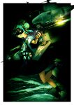  1girl adapted_turret agm-114_hellfire arm_up blue_hair blue_sailor_collar blue_skirt closed_mouth commentary_request dixie_cup_hat double_bun drone green_theme hair_bun hat hat_ribbon highres kantai_collection leg_up military_hat missile name_connection neckerchief night night_sky night_vision_device ocean ribbon rigging rudder_footwear sailing sailor_collar samuel_b._roberts_(kancolle) skirt sky timmyyen uss_samuel_b._roberts_(ffg-58) 