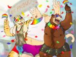 2025 4:3 5_fingers alltoospicy anthro anthro_on_anthro bear biped brown_body brown_fur bulge countershade_face countershade_fur countershading felid fingers fur group hi_res interspecies lgbt_pride lgbt_pride_month male male/male mammal muscular muscular_anthro muscular_male open_mouth open_smile overweight overweight_anthro overweight_male pantherine pecs pride_colors rainbow_flag rainbow_pride_flag rainbow_symbol smile striped_body striped_fur stripes tiger tongue tongue_out trio_focus whiskers
