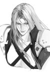  1boy armor chest_strap closed_mouth cropped_torso curtained_hair dated final_fantasy final_fantasy_vii green_eyes greyscale high_collar long_hair looking_down male_focus monochrome pauldrons sephiroth shoulder_armor simple_background smile solo spot_color tiandayu2022 white_background wing_collar 