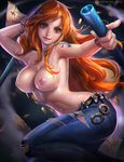  arm_behind_head armpits banned_artist bikini_top breasts cleavage clima-tact coin denim highres jeans large_breasts lips long_hair map midriff nami_(one_piece) navel one_piece orange_eyes orange_hair pants pointing sakimichan smile solo tattoo torn_clothes torn_jeans torn_pants 