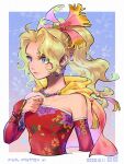  1girl bare_shoulders blonde_hair blue_eyes cape cropped_torso detached_sleeves dress earrings final_fantasy final_fantasy_vi floral_print gradient_cape hair_ribbon hand_on_own_chest highres jewelry long_hair outside_border pink_cape ponytail red_dress red_sleeves ribbon skyloop19 solo strapless terra_branford yellow_cape 