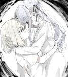 2girls arm_around_neck bang_dream! bang_dream!_it&#039;s_mygo!!!!! black_ribbon blonde_hair bob_cut braid breasts ccc_cloudy closed_mouth commentary_request couple expressionless face-to-face hair_ribbon hand_on_another&#039;s_back highres hug light_blush long_hair long_sidelocks looking_at_another medium_breasts misumi_uika multiple_girls parted_lips ribbon shaded_face shirt short_hair short_sleeves sidelocks simple_background t-shirt togawa_sakiko variant_set vignetting white_background yuri 