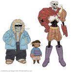 1inkygirl ambiguous_gender animated_skeleton blindfold bone bottomwear clothing frisk_(undertale) group hi_res hoodie human humanoid male mammal notched_ear pants papyrus_(undertale) sans_(undertale) shorts skeleton sweatpants teeth topwear trio undead undertale undertale_(series)