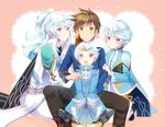  age_progression blush brown_hair green_eyes kokuro long_hair male_focus mikleo_(tales) multiple_boys open_mouth ponytail purple_eyes smile sorey_(tales) tales_of_(series) tales_of_zestiria white_hair 