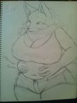  2012 5_fingers anthro big_breasts breasts canine cleavage clothed clothing cocolog female hands_on_stomach kemono mammal midriff navel roko_(cocolog) sketch solo standing sweat thick_thighs wide_hips wolf 