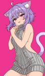  1girl ahoge alternate_costume animal_ears blush breasts cat_ears cat_girl dr._junyaman grey_sweater highres hololive large_breasts looking_at_viewer meme_attire nekomata_okayu open_mouth pink_background purple_eyes purple_hair smile solo sweater virgin_killer_sweater virtual_youtuber 
