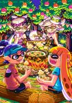  3girls aori_(splatoon) black_hair detached_collar dress drooling earrings fangs fire food food_on_head fork fruit gloves hotaru_(splatoon) inkling jajji-kun_(splatoon) jewelry knife log long_hair mole mole_under_eye multiple_girls object_on_head open_mouth pantyhose pointy_ears short_hair shouyu_senbei smile splatoon_(series) splatoon_1 spoon tentacle_hair 