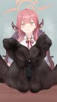  1girl artist_name aru_(blue_archive) black_pantyhose blue_archive blush chikora coat coat_on_shoulders collared_shirt eyelashes feet feet_on_table foot_focus foot_pussy foreshortening fur_collar grey_background halo highres horns long_hair looking_at_viewer neck_ribbon no_shoes open_mouth paid_reward_available pantyhose pink_hair pink_halo red_coat red_ribbon ribbon shirt simple_background sitting smell soles solo spread_toes steaming_body toes white_shirt 