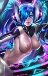  blue_hair bodysuit breasts clothing digital_media_(artwork) female hair hair_over_eye league_of_legends sakimichan skinsuit solo sona sona_buvelle suit twintails_(disambiguation) video_games 