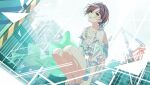  1girl asakura_toru building crane_(machine) game_cg green_nails highres idolmaster idolmaster_shiny_colors official_art open_mouth shirt shoes sneakers squatting white_shirt 