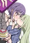  2girls absurdres bang_dream! bang_dream!_it&#039;s_mygo!!!!! blue_dress blush cake cellphone choker commentary_request dress english_text food frilled_choker frills green_hair grey_shirt hand_on_another&#039;s_shoulder happy_birthday heart highres holding holding_cake holding_food holding_own_arm holding_phone kiss long_hair long_sleeves md5_mismatch multiple_girls off-shoulder_shirt off_shoulder phone pink_eyes purple_hair revision selfie shirt shourai simple_background smartphone wakaba_mutsumi white_background yellow_eyes yuri yuutenji_nyamu 