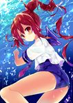 highres holding_breath i-168_(kantai_collection) kantai_collection long_hair one-piece_swimsuit ponytail red_eyes red_hair school_swimsuit solo swimsuit underwater uzuki_asa 