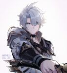  1boy antenna_hair armor blue_eyes closed_mouth collarbone grey_hair hair_between_eyes hamu_(rz_1023) highres holding holding_sword holding_weapon honkai:_star_rail honkai_(series) male_focus pauldrons phainon_(honkai:_star_rail) short_hair shoulder_armor simple_background single_pauldron solo sword twitter_username upper_body weapon white_background yellow_pupils 