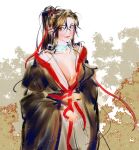  1girl absurdres black_hair black_hanfu blush breasts brown_eyes brown_hair chinese_clothes cleavage closed_mouth collarbone eyelashes genderswap genderswap_(mtf) hair_ribbon hanfu highres holding holding_ribbon korean_commentary long_hair long_sleeves looking_at_viewer medium_breasts modao_zushi neck_ribbon niken_(niken_ouo) outdoors plant ponytail red_ribbon ribbon robe sash sidelocks smile solo standing upper_body wei_wuxian white_ribbon wide_sleeves 