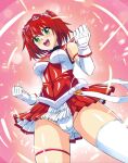  1girl ass_visible_through_thighs asu_(hengaya) blush breasts cameltoe choukou_(alicesoft) choukou_taisen_escalation_heroines clenched_hands covered_navel covered_nipples cowboy_shot elbow_gloves esca_ruby from_below gloves green_eyes hair_ornament highres looking_at_viewer magical_girl medium_breasts miniskirt open_mouth panties pantyshot pink_background pleated_skirt red_hair red_skirt sailor_collar shiny_clothes shiny_skin short_hair single_thighhigh skin_tight skirt sleeveless smile solo sonozaki_akari standing thigh_strap thighhighs twintails underwear upskirt white_gloves white_panties white_thighhighs 
