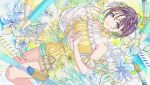  1girl asakura_toru bare_shoulders earrings flower hair_ornament highres idolmaster idolmaster_shiny_colors jewelry official_art open_mouth paintbrush pencil see-through_clothes see-through_sleeves shirt short_hair yellow_shirt 