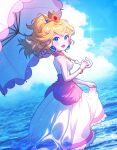  1girl :d alternate_costume blonde_hair blue_brooch blue_eyes blue_gemstone blue_sky breasts clothes_lift cloud commentary crown day dress dress_lift earrings gem hashtag-only_commentary highres holding holding_umbrella jewelry long_dress long_hair looking_at_viewer looking_to_the_side mario_(series) medium_breasts mong_(mong_milo) outdoors parasol pink_dress pink_lips pink_umbrella ponytail princess_peach red_gemstone see-through_clothes see-through_dress sky sleeveless sleeveless_dress smile solo sparkle sphere_earrings standing super_mario_sunshine symbol-only_commentary umbrella white_dress 