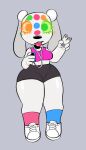 anthro apple_inc. black_bottomwear black_clothing black_nose black_shorts blue_clothing blue_footwear blue_socks blush blush_lines bottomwear breasts canid canine canis clothed clothed_anthro clothed_female clothing digital_drawing_(artwork) digital_media_(artwork) domestic_dog electronics female footwear gesture glistening_thighs grey_background hand_gesture heterochromia hi_res idog ipod looking_at_viewer mammal mismatched_socks pink_clothing pink_footwear pink_socks pink_topwear portable_music_player shorts simple_background socks solo sparkibarki thick_thighs tongue tongue_out topwear v_sign white_body white_sneakers