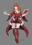  1girl absurdres alternate_costume black_skirt book boots breasts celica_(fire_emblem) christmas cleavage coat dress fire_emblem fire_emblem_echoes:_shadows_of_valentia highres holding holding_book holding_snow_globe kagurachi large_breasts long_hair long_sleeves medium_breasts orange_eyes orange_hair princess red_coat red_dress red_eyes red_hair santa_costume skirt snow_globe solo thick_thighs thigh_boots thighs tiara winter 