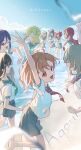  6+girls :d \||/ ^_^ absurdres arm_up beach bird black_hair blonde_hair blue_hair blurry blurry_foreground braid brown_hair closed_eyes commentary crown_braid green_eyes green_neckerchief grey_hair grey_sailor_collar grey_skirt grin hair_bun hair_ornament hair_rings hairclip half_updo highres kunikida_hanamaru kurosawa_dia kurosawa_ruby long_hair looking_at_viewer looking_to_the_side love_live! love_live!_sunshine!! matsuura_kanan medium_hair miniskirt multiple_girls neckerchief ohara_mari one_side_up open_mouth orange_hair pleated_skirt profile purple_eyes red_eyes red_neckerchief sailor_collar sakurauchi_riko sand_writing school_uniform seagull serafuku shirt short_hair short_sleeves single_hair_ring single_side_bun skirt smile song_name standing summer_uniform sunkeun takami_chika tsushima_yoshiko two_side_up uranohoshi_school_uniform wading watanabe_you white_shirt yellow_eyes yellow_neckerchief 