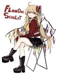  1girl ascot black_boots black_skirt blush boots bow chair character_name closed_mouth collared_shirt cowlick crossed_legs crystal_wings flandre_scarlet folding_chair hair_between_eyes hair_bow hair_over_wings high_heel_boots high_heels highres long_hair one_side_up ougiikun plaid_clothes plaid_skirt pleated_skirt pointy_ears red_bow red_eyes shirt simple_background sitting skirt smile solo sweater touhou very_long_hair white_background white_shirt yellow_ascot yellow_sweater 