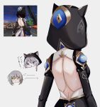  2girls animal_hood back backless_leotard black_leotard blue_eyes cat_girl cat_hood cipher_(honkai:_star_rail) commentary_request from_behind game_screenshot_inset grey_hair head_only highres honkai:_star_rail honkai_(series) hood leotard multiple_girls nemuii15_oo reference_inset short_hair_with_long_locks simple_background stelle_(honkai:_star_rail) trailblazer_(honkai:_star_rail) white_background yellow_eyes 