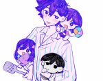  1girl 3boys antenna_hair aubrey_(headspace)_(omori) aubrey_(omori) bailan1130 ball black_eyes black_hair blush bow closed_mouth collarbone colored_skin double-parted_bangs expressionless hand_on_own_hip hero_(headspace)_(omori) hero_(omori) highres holding holding_ball holding_knife holding_spatula holding_stuffed_toy kel_(headspace)_(omori) kel_(omori) knife long_hair looking_at_viewer mini_person miniboy minigirl mr._plantegg_(omori) multiple_boys omori omori_(omori) open_mouth pink_bow purple_eyes purple_hair short_hair simple_background smile spatula stuffed_eggplant stuffed_toy sweatdrop white_background white_skin 