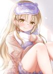  1girl absurdres blush brown_eyes glasses happy highres hug jacket long_hair looking_at_viewer matcha_november nijisanji open_clothes open_jacket parted_bangs shadow shorts sidelocks sister_claire sleep_mask smile thighs very_long_hair virtual_youtuber 