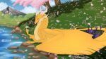 16:9 ambiguous_gender cherry_blossom dragon feral flower grass hi_res horn membrane_(anatomy) membranous_wings mythological_creature mythological_scalie mythology plant prunus_(flower) red_eyes scales scalie skyebold solo white_horn widescreen wings yellow_body yellow_scales
