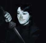  1boy black_eyes black_hair broken_skin holding holding_sword holding_weapon joints limited_palette macaronijail madra_(album) male_focus omniscient_reader&#039;s_viewpoint porcelain robot_joints scar scar_across_eye scar_on_face short_hair solo sword upper_body weapon yoo_joonghyuk 