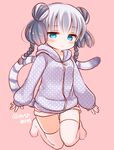  blue_eyes blush braid casual double_bun haku_(p&amp;d) hood hood_down hoodie looking_at_viewer marshmallow_mille multicolored_hair no_shoes pink_background purple_hair puzzle_&amp;_dragons solo tail thighhighs tiger_tail twin_braids twitter_username white_legwear 