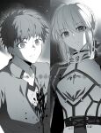  1boy 1girl ahoge are_you_my_master armor artoria_pendragon_(fate) blood braid braided_bun closed_mouth commentary_request emiya_shirou fate/stay_night fate_(series) greyscale hair_bun highres jacket mct monochrome saber_(fate) sidelocks single_hair_bun split_screen translation_request twitter_username 